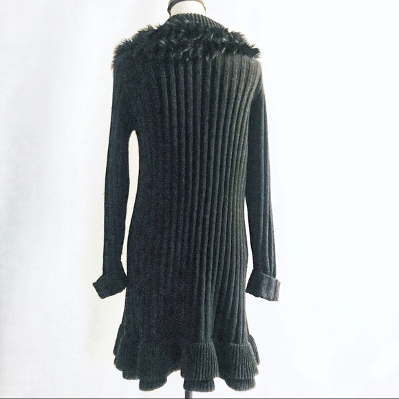 Alfani Black Knit Duster Cardigan Faux Fur Collar - Picture 6 of 7